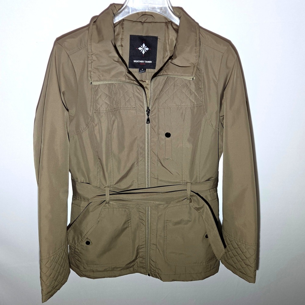 Weather Tamer Utility Jacket Women Medium‎ Tan Quilted Belted Field Coat